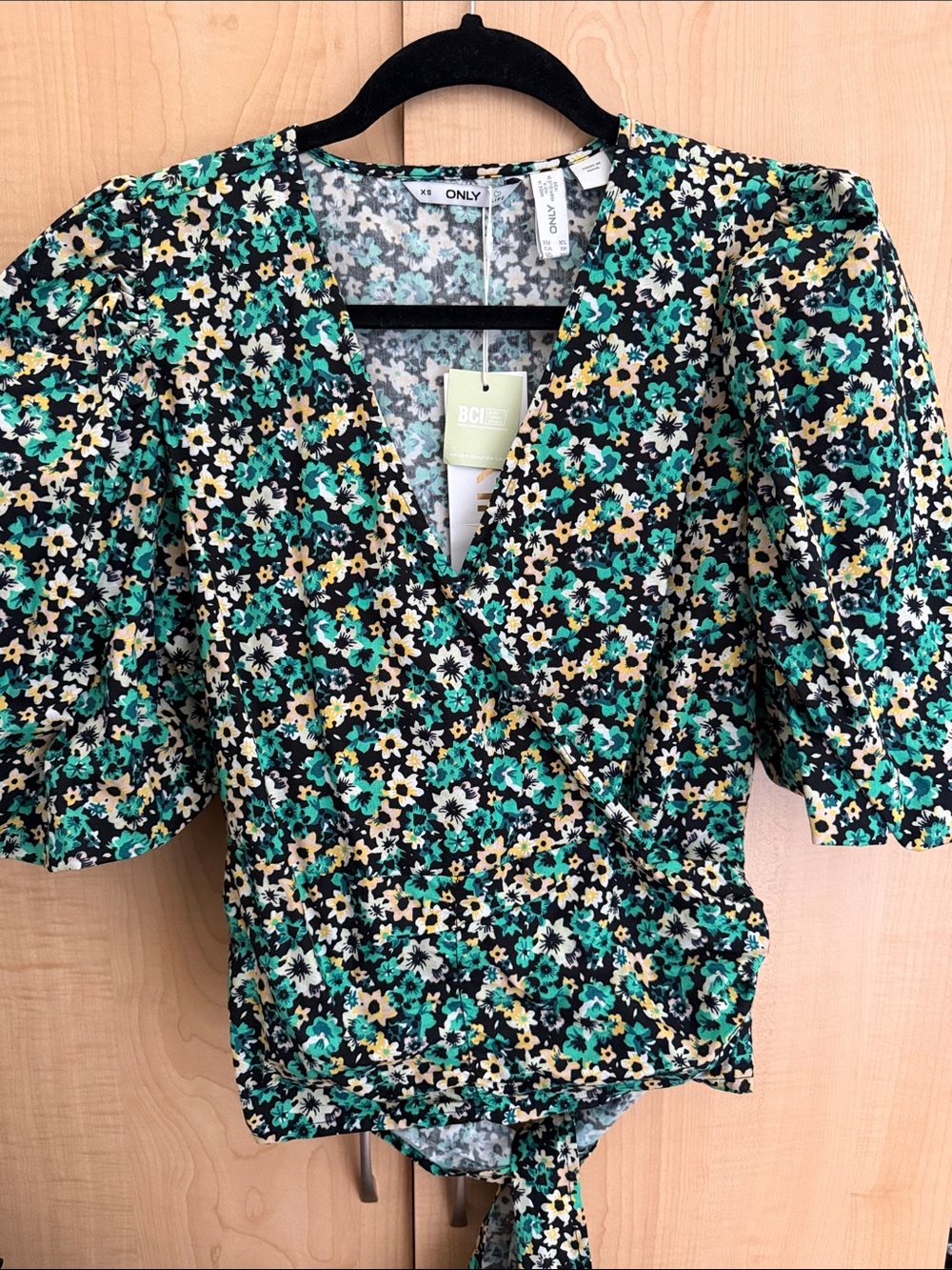 ONLY Green Floral Wrap Blouse with Puff Sleeves